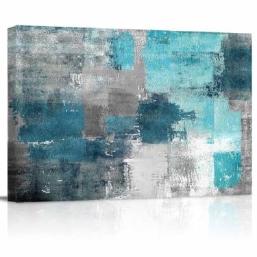 Imagem de Arte de parede em tela abstrata cinza turquesa azul-petróleo - Grafite em bloco de cores - Decoração de parede moderna Impressão giclée esticada e emoldurada pronta para pendurar - 40,6 cm x 50,8 cm
