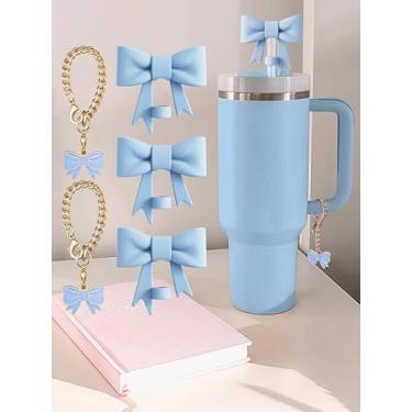 Imagem de Conjunto de 5 peças compatíveis com acessórios Stanley Cup, 3 topos de canudo de arco compatíveis com capa Stanley de 9 a 10 mm, 2 pingentes de arco fofos para copo com alça (azul)