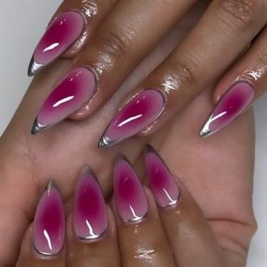 Imagem de Kit de unhas de pressão curtas médias amêndoas francesas prata falsas, com design ombré rosa vermelho prensa capa completa acrílico artificial vara falsa na unha para mulheres uso diário casamento