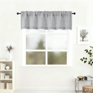 Imagem de Lecloud Saia cinza para janela de 35,5 cm de comprimento, cortinas de cozinha elegantes com filtro de luz de privacidade sobre a pia, cortinas curtas respiráveis com bolsos de haste para banheiro