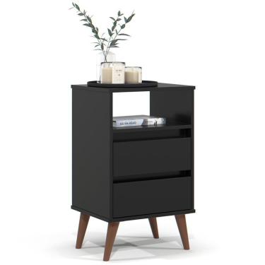 Imagem de Mesa De Cabeceira Pés Retrô 2 Gavetas 43cm Roma Preto - Ej Móveis