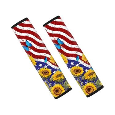 Imagem de Suohuicp Protetor de segurança para carro adulto capa de almofada de cinto de segurança com alças de almofada acessório girassol leopardo borboleta 2 pacotes (apoio de braço patriótico de girassol)