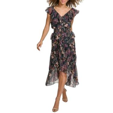 Imagem de Kensie Vestido midi feminino de manga curta com decote em V estampado Lurex chiffon rasgado, Preto Multi, 40