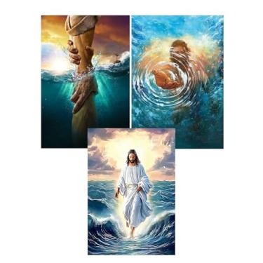 Imagem de RYMILIE 3 kits de arte de diamante Jesus Cristo para adultos, kits de pintura de diamante 5D de redenção do oceano para iniciantes, pinturas de diamante redondas redondas DIY imagem de pedras