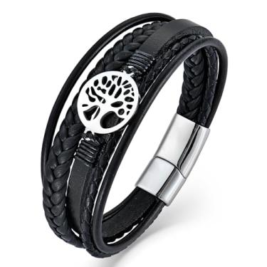 Imagem de Vesitim Pulseira masculina de couro multifios, joia trançada árvore da vida de aço inoxidável com prata/preto/dourado/cor café, 8.46in, Aço inoxidável, Sem Pedra Preciosa