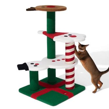 Imagem de VETRESKA Árvore de Natal para gatos internos, torre de gato de toque suave de 98 cm com poste para arranhar, decoração de Natal, Papai Noel, rena e boneco de neve