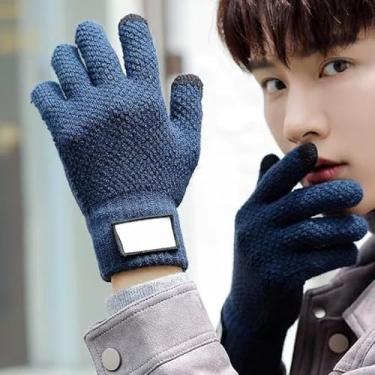 Imagem de Luvas térmicas para homens e mulheres, luvas de equitação de malha forradas com lã de inverno com proteção contra frio e aderência antiderrapante, Ciano