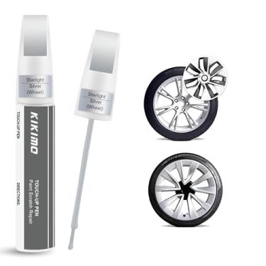 Imagem de KIKIMO Tinta de retoque Starlight Silver Rim para Tesla Model 3 48.8 cm Sport Wheel/Model Y 48.8 cm, reparo de arranhões de roda 2 em 1 com ponta de caneta e pincel, cor combinada para fixação rápida