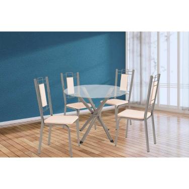 Imagem de Conjunto: Mesa Sala Jantar Volga C- Tampo De Vidro 95cm E 4 Cadeiras Florença Niquel - Courano Bege - Kappesberg