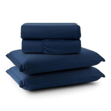 Imagem de Jogo De Cama Lençol Sereno Casal Em Malha Algodão 4 Peças Marinho 100% Algodão