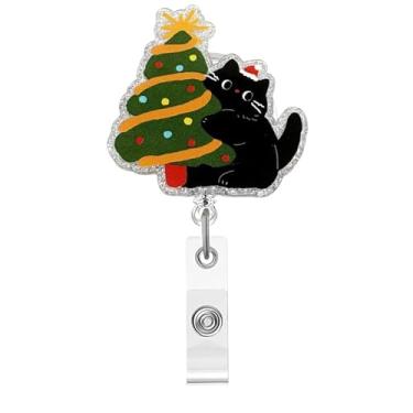 Imagem de Carretel de crachá de árvore de Natal, crachá de acrílico de gato preto para crachá de identificação, suporte de crachá retrátil telescópico engraçado, acessórios de clipe de jacaré para enfermeiras