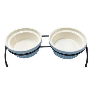 Imagem de Comedouro e Bebedouro Duplo para Gatos e Cães com Tigela de Cerâmica 350ml | Design Elegante e Funcional para Pets(Azul)