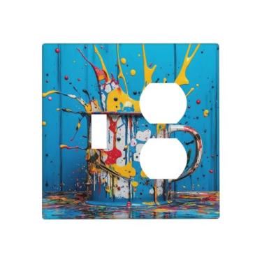 Imagem de LuHuoLu Capas de tomada decorativas, respingos de tinta colorida, prancha de madeira azul, 2 gangs, capa de placa de parede, interruptor único, conjunto duplex, dois interruptores de luz, placa de