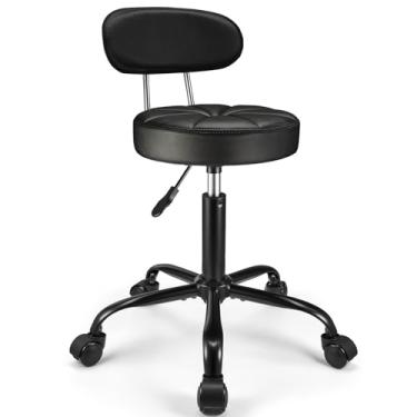 Imagem de FNZIR Banqueta de couro PU com suporte para as costas, cadeira giratória ajustável com rodas, cadeira de desenho para spa, slaon, massagem, base estável, pé preto