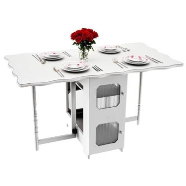 Imagem de zenHarmet Mesa de jantar dobrável com 4 rodas com 1 gaveta e 1 prateleira, extensível, branca, extensível, para sala de jantar, mesa expansível para cozinha, trailer