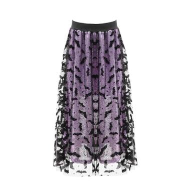 Imagem de Causpreiau Saia midi de tule de abóbora para mulheres, festa de Halloween, morcegos de veludo, cintura elástica, tutu de malha em camadas, saia evasê