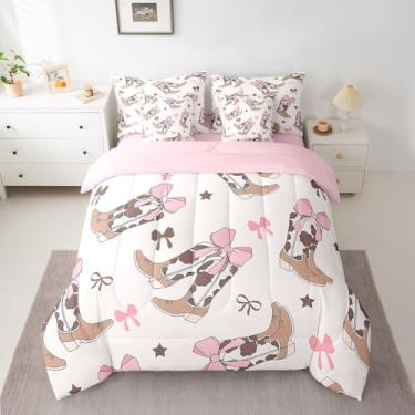 Imagem de jejeloiu Conjunto de edredom com lençol de solteiro, decoração ocidental, com laço, para meninos, meninas, adolescentes, botas ocidentais, conjunto de cama com 7 peças, decoração ocidental, bege, rosa