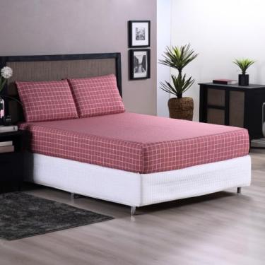 Imagem de Jogo de Lençol Grid Percal 200 Fios, 3 Peças com Elástico, para Cama Casal, Queen e King, 4 Cores Disponíveis (Rosê Escuro, Casal Padrão: 1,88mx1,38mx30cm)