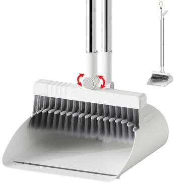 Imagem de Conjunto de vassoura com pá de lixo, conjunto de vassoura e pá de lixo com alça ajustável, dentes autolimpantes para casa, cozinha, escritório, corredor, chão, borda ZeroGap (branco e cinza)
