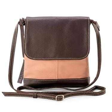 Imagem de Bolsa de Couro Legítimo Transversal Tiracolo, Couro Bovino e Poliéster, 3 Bolsos Internos, Alça Regulável (Tons Terrosos)