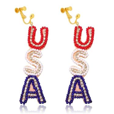 Imagem de Brincos com clipe de bandeira americana, não perfurados, coração com contas, com pingente de bandeira de estrela, brincos patrióticos para mulheres, feitos à mão, Dia da Independência, 4 de julho