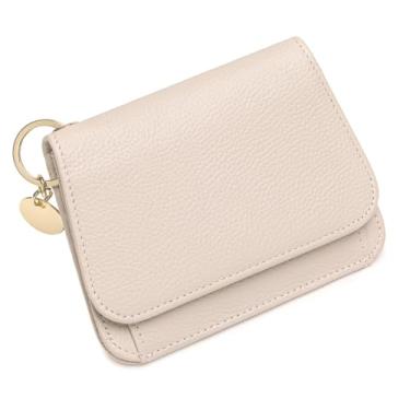 Imagem de FREYAMIRA Carteira fina feminina de couro legítimo com bloqueio de RFID, porta-chaves com zíper, bolso para moedas, janela para identidade, Bege, 4.7" x 3.7" x 1.18" (Length x Width x Height), Moderno