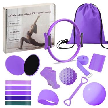 Imagem de Conjunto de círculo de anel de Pilates para mulheres, conjunto de equipamentos de treino para casa com círculo mágico de 35 cm, mini bola, faixas de resistência, cinto de impulso no quadril, meias