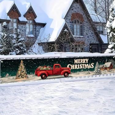 Imagem de BlissYard Faixa de Feliz Natal Vermelho Vintage Caminhão Presentes Neve Cena de Cabana de Inverno 295 x 50 centímetros Cenário de Férias para Interior Exterior Quintal Parede Decoração de Festa de
