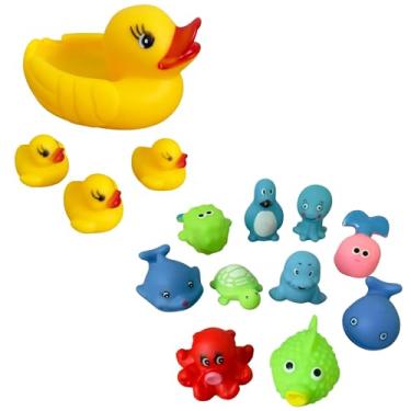 Imagem de Brinquedo Para Banho Bebê Vinil Macio Patinhos Animais Fundo Do Mar Aquáticos Para Banheira Piscina (14pçs: 1 Pato Grande + 3 mini patinhos + 10 bichinhos do fundo do mar)