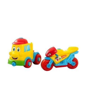 Imagem de Kit Infantis com e Multicolorido, Plástico, 2 Peças com Adesivos, para Crianças 3+ Anos, Dimensões: Caminhão 16x11x19cm, Moto 12x16x21cm