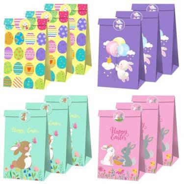 Imagem de Pacote com 12 sacos de presente de papel Kraft de Páscoa com 18 adesivos, pequenos sacos de festa de doces para embalagem de Páscoa