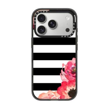 Imagem de CASETiFY Capa Impact para iPhone 17 Pro [fina/compatível com Magsafe/2,5 m. Proteção contra quedas de grau militar 4X] - Floral listrado (preto e branco) - preto transparente