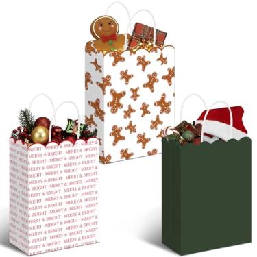 Imagem de Yexiya 24 peças de sacos de presente de papel de Natal 7,5 x 15,2 cm x 20,3 cm, sacos de presente Kraft com alças reutilizáveis de presente de Natal com alça para presente de embrulho de Natal