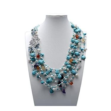 Imagem de Joias 6 fileiras azul pérola vermelha cornalina ágata ametista colar de pedra real feito à mão para mulheres colar com pingente de flor