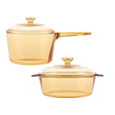 Imagem de Conjunto de panelas de vidro âmbar florescendo, panela de 1,5 l + caçarola de 2 L com tampas, panelas de vidro transparente resistente ao calor para fogão/forno/micro-ondas, lava-louças e freezer
