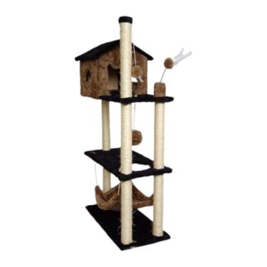 Imagem de Arranhador Para Gatos Casa Alta E Playground Plataformas Com Torre, Rede Grande, Poste Sisal, Brinquedo E Bola De PelúCia - Miupet(MARROM CLARO)