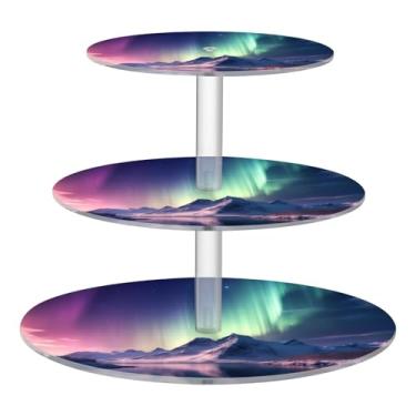 Imagem de Blueangle Suporte redondo de cupcake de 3 camadas – Torre de sobremesa de acrílico Aurora Boreal de inverno, suporte de sobremesa em camadas antiderrapante para chá de bebê, aniversário, festa de