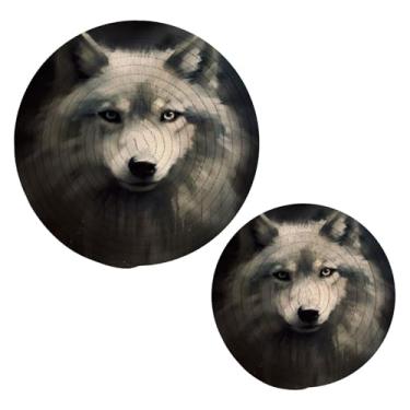 Imagem de Blueangle 2 peças de suporte de panela de lobo branco - conjunto de pegadores de panela de tecido redondo - almofadas quentes trançadas de algodão - porta-copos - tapetes de mesa para cozinhar e assar