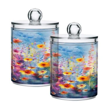 Imagem de ATTX Dispensador de suporte Qtip de pintura colorida em aquarela para bola de algodão, cotonete, frasco de boticário transparente, decoração de casa, pote de armazenamento de cozinha, pacote com 2