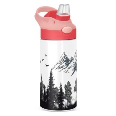 Imagem de Blueangle Garrafa de água isolada de aço inoxidável de 350 ml, natureza, montanhas e floresta, com tampa de palha, à prova de vazamento, reutilizável e portátil, para viagens, ao ar livre #415