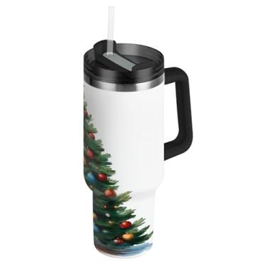 Imagem de Blueangle Copo de árvore de Natal aquarela de 1,134 g com alça e tampa de palha, caneca de viagem de aço inoxidável com isolamento a vácuo de parede dupla, garrafa de água reutilizável para academia