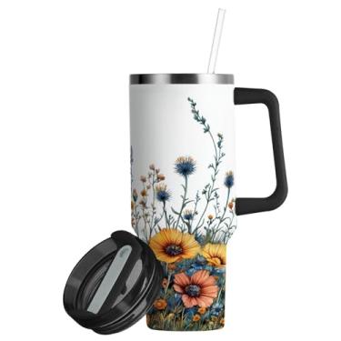 Imagem de ATTX Copo colorido de 850 g de flores silvestres com alça, copo de aço inoxidável a vácuo de parede dupla com palha, caneca de café de viagem isolada #360