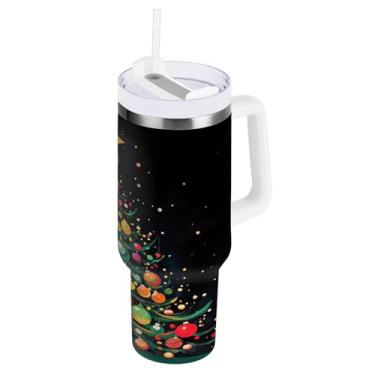 Imagem de ATTX Copo colorido de árvore de Natal de 1,134 g com alça, copo de aço inoxidável a vácuo de parede dupla com palha, caneca de café de viagem isolada #890