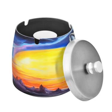 Imagem de Blueangle Cinzeiro Sunset Wolf com tampa para cigarros, à prova de vento/chuva, aço inoxidável, sem fumaça, inodoro, cinzeiro para uso interno ou externo (206)