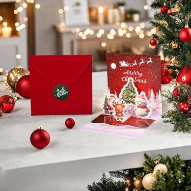 Imagem de Cartões comemorativos de Natal pop-up em 3D, lindos cartões comemorativos de férias com envelope para Natal, Ano Novo, férias de inverno, árvore de Natal, boneco de neve, rena, Papai Noel e sino
