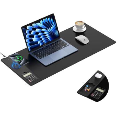 Imagem de TopMade Mouse pad com carregamento sem fio de 15 W e calculadora solar removível de 8 dígitos, 80 cm x 40 cm, 2GG, teclado de computador para jogos, mousepad impermeável, tapete de mesa de escritório