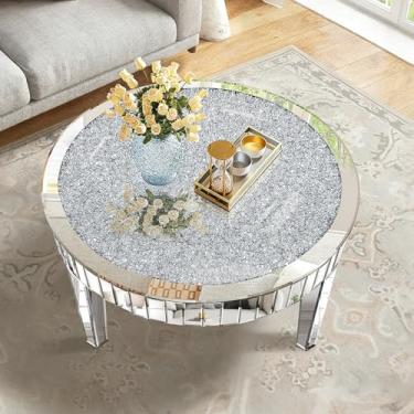 Imagem de Jesantab Mesa de centro espelhada prateada com incrustação de cristal, mesa de chá de vidro redonda com acabamento espelhado, mesa central moderna para sala de estar e escritório (80 cm P x 80 cm L x