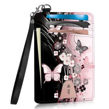 Imagem de WZCJDHMJ Carteira fina com suporte para cartão de crédito com cordão de pulso, carteira com bloqueio de RFID e janela para identidade, Flores e borboletas dançantes
