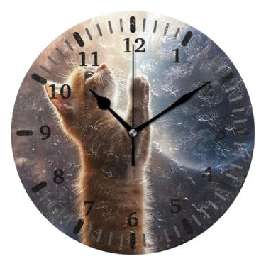 Imagem de CEBUGI Lindo relógio de parede gatinho operado a bateria relógios redondos silenciosos sem tique-taque relógios de parede para cozinha, banheiro, quarto, escritório, decoração 25,4 cm
