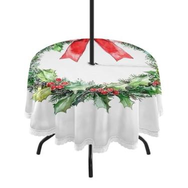 Imagem de CEBUGI Toalha de mesa redonda para uso ao ar livre, guirlanda de Natal, impermeável, com furo Umberlla, capa de mesa lavável para pátio, cozinha, sala de jantar, 152 cm